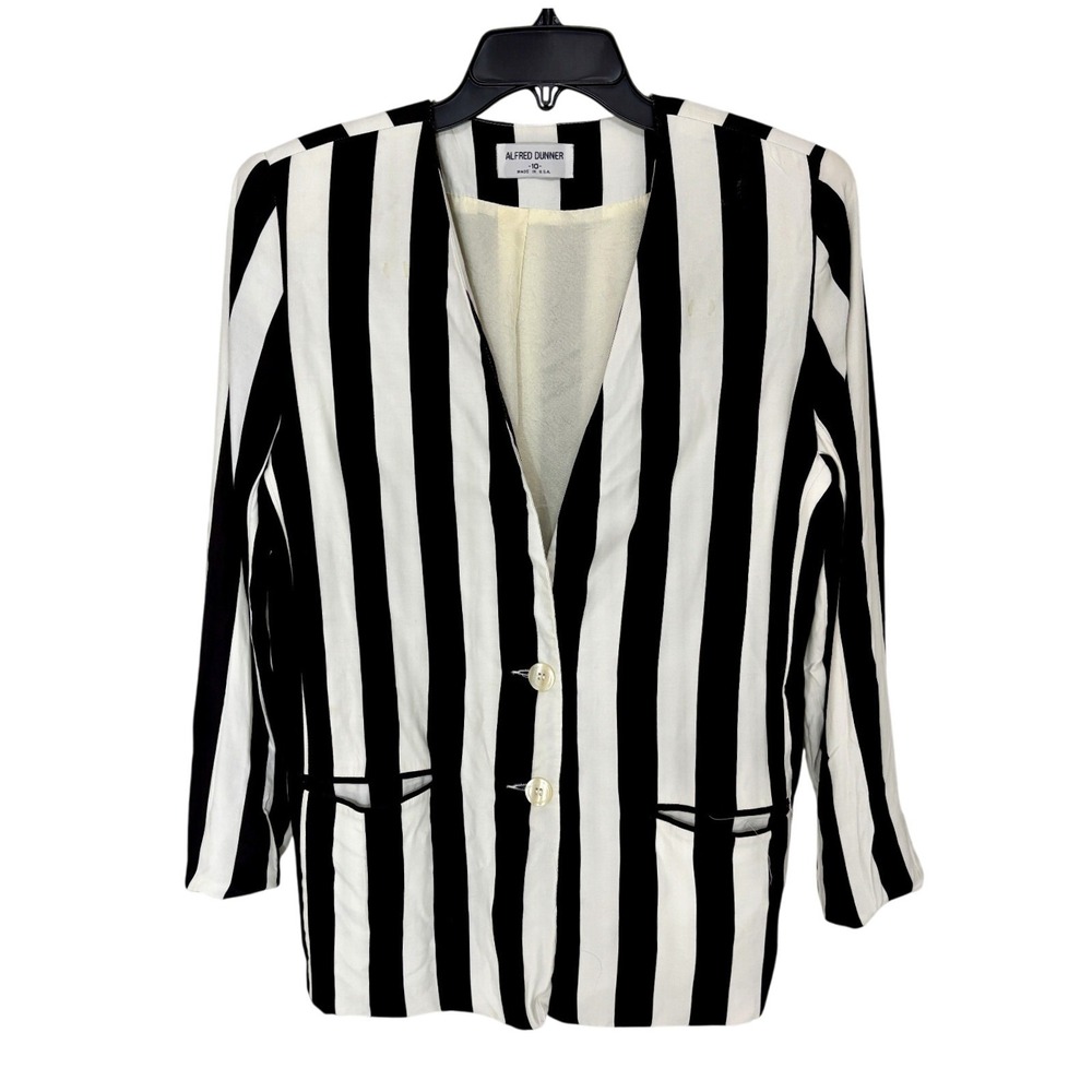 Chunky Black and‎ White Striped 80s Blazer Suit Jacket Alfred Dunner Modern M